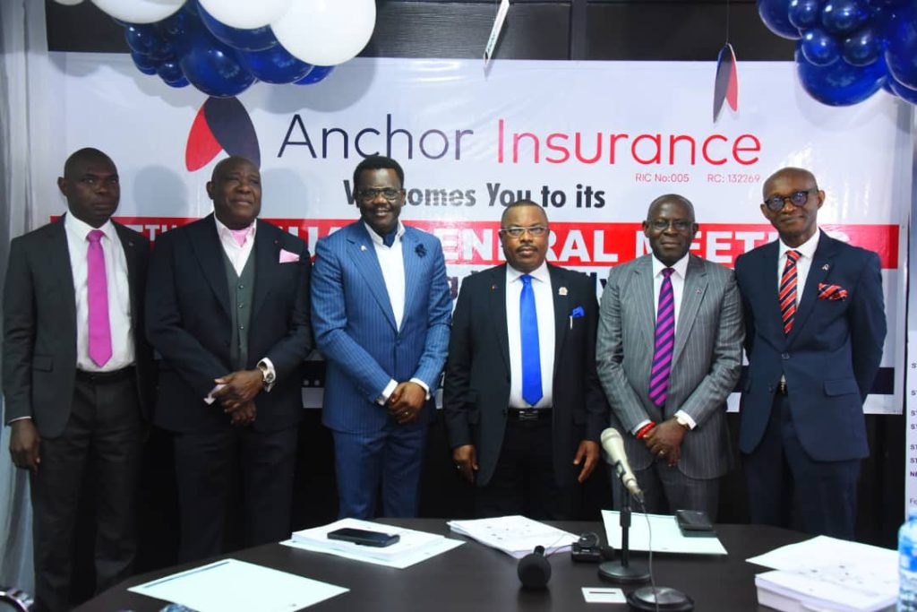 L-R: Mr. Ikuomola Adebisi (Executive Director, Technical), Mr. Akin Taiwo (Board Member), Dr. Ebose Augustine Osegha (MD/CEO), Dr. Nsikan Linus Nkan (Chairman), Mr. Ime Umoh (Company Secretary/Legal Adviser) and Prof. Paul Udofot (Board Member) at the 35th Annual General Meeting of Anchor Insurance Company Limited in Lagos.