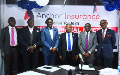 L-R: Mr. Ikuomola Adebisi (Executive Director, Technical), Mr. Akin Taiwo (Board Member), Dr. Ebose Augustine Osegha (MD/CEO), Dr. Nsikan Linus Nkan (Chairman), Mr. Ime Umoh (Company Secretary/Legal Adviser) and Prof. Paul Udofot (Board Member) at the 35th Annual General Meeting of Anchor Insurance Company Limited in Lagos.